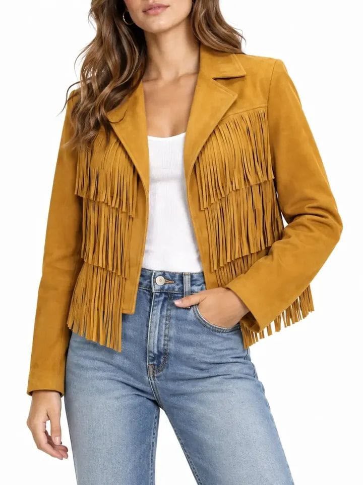 Women’s Mustard Leather Fringe Jacket